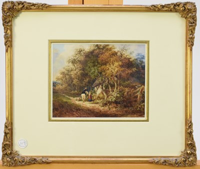 Lot 371 - Attributed to David I Cox (1783-1859) Horse and Rider talking to a cloaked woman on a country track