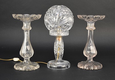 Lot 281 - Pair of glass candlesticks and a cut crystal mushroom table lamp