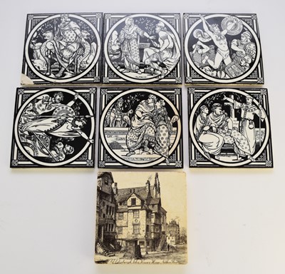 Lot 35 - Minton 'Early English History' tiles by Moyr-Smith and one teapot stand