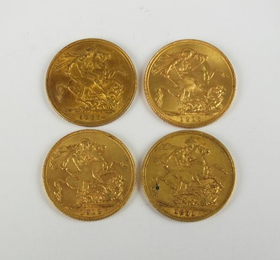 Lot 189 - Four Sovereigns - Victoria young head dated 1871, Victoria "Jubilee head" dated 1887, George V dated 1913 and 1915 (4)