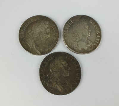 Lot 194 - Charles II Crown dated 1671, together with two William III Crowns dated 1696 (3)