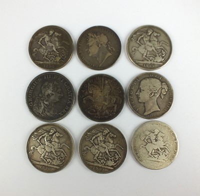 Lot 195 - A collection of 8 Crowns dated 1819, 1821, 1845, 1889, 1890, 1898, 1902, 1935; together with George III Dollar dated 1804 (9)