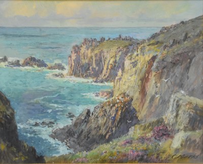 Lot 373 - Claude Marks (act. 1899-1915) Two Landscapes showing Kynance Cove and Trevob Bay, Cornwall