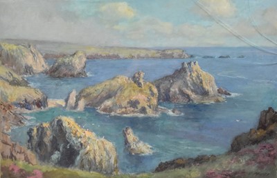 Lot 373 - Claude Marks (act. 1899-1915) Two Landscapes showing Kynance Cove and Trevob Bay, Cornwall