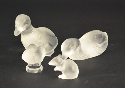 Lot 292 - Two miniature Lalique models and a pair of Baccarat ducks