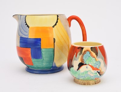 Lot 108 - Susie Cooper Art Deco jug and Clarice Cliff preserve jar
