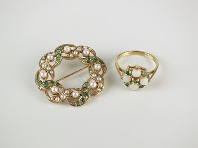 Lot 251 - A 9ct gold emerald and pearl brooch and a 9ct gold emerald and opal ring