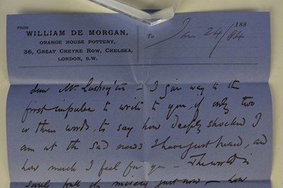 Lot 57 - DE MORGAN, William (1839-1917) English tile designer. Autograph letter signed on blue Orange House Pottery, Chelsea, headed notepaper. 4to, one side, January 24 1884. To Vernon Lustington...