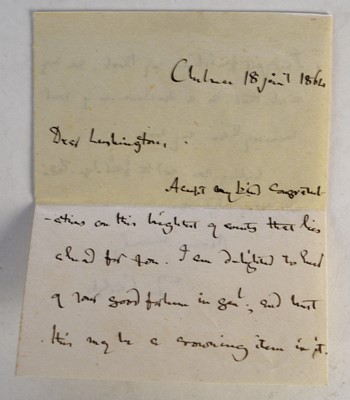 Lot 58 - CARLYLE, Thomas (1795-1881) English author. Autograph letter signed. To Vernon Lushington. Chelsea, dated 18 January 1864 (but 1865).