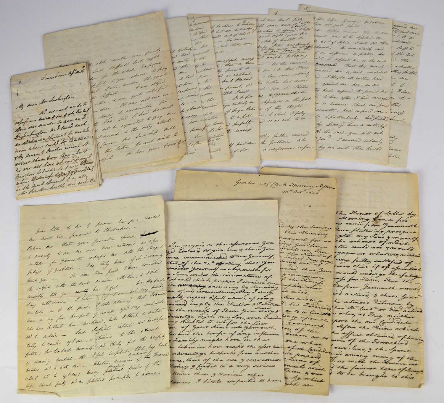 Lot 63 - SUFFIELD, Lord, and others, autograph letters signed to Sir Stephen Lushington. A small quantity of letters written in October 1806 and June 1807 concerning...