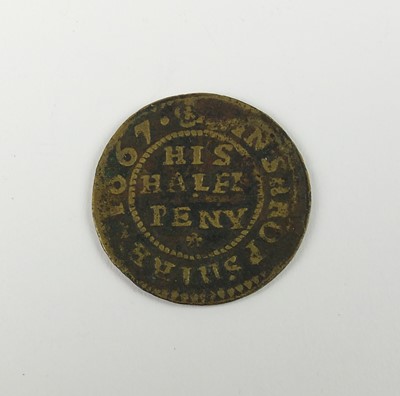 Lot 194 - A Shropshire 17th century copper token of Madeley, half penny - John Holland, 1667, Pickaxe