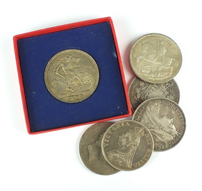 Lot 275 - A small collection of 8 Crowns dated 1820, 1845, 1889, 1893, 1894, 1897, 1935 x 2, together with Victoria double Florin dated 1889 and