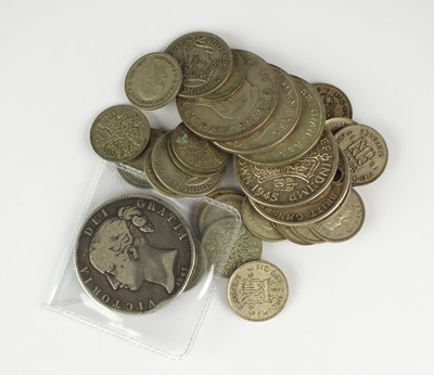 Lot 270 - A small collection of UK and foreign silver, cupro-nickel, copper and bronze coinage to include Victoria Crown dated 1847 and half Crowns, Shillings etc (quantity)