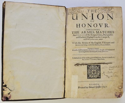 Lot 39 - YORKE, James, The Union of Hanover. Folio 1640 (engraved title dated 1641). Many coats of arms with early hand colour.