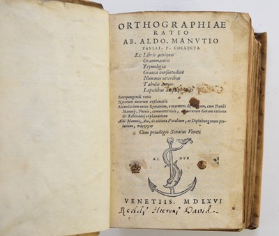 Lot 43 - ALDINE, Orthographiae Ratio Ab. Aldo. Manutio. Venice. Aldus Manatius, 1566. Extensive early marginal annotation. Contemporary vellum.