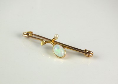 Lot 307 - An early 20th century opal and seed pearl bar brooch