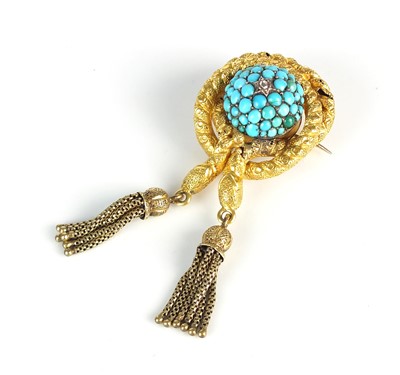 Lot 192 - A late 19th century Etruscan revival turquoise and diamond brooch