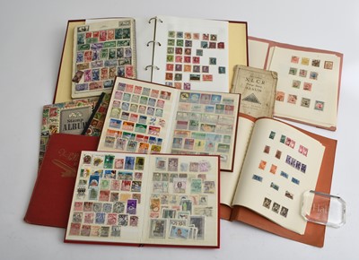 Lot 154 - Large accumulation of stamps in a box: stamps on pages in tins, in bag, in binders.