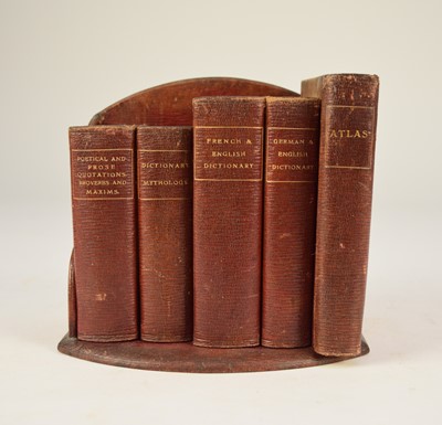 Lot 139 - MINIATURE REFERENCE LIBRARY. 5 vols, c 1910. Poetical and Prose Quotes, English Dictionary, French/English Dictionary, German/English Dictionary and Atlas. Atlas is 25 cms tall.