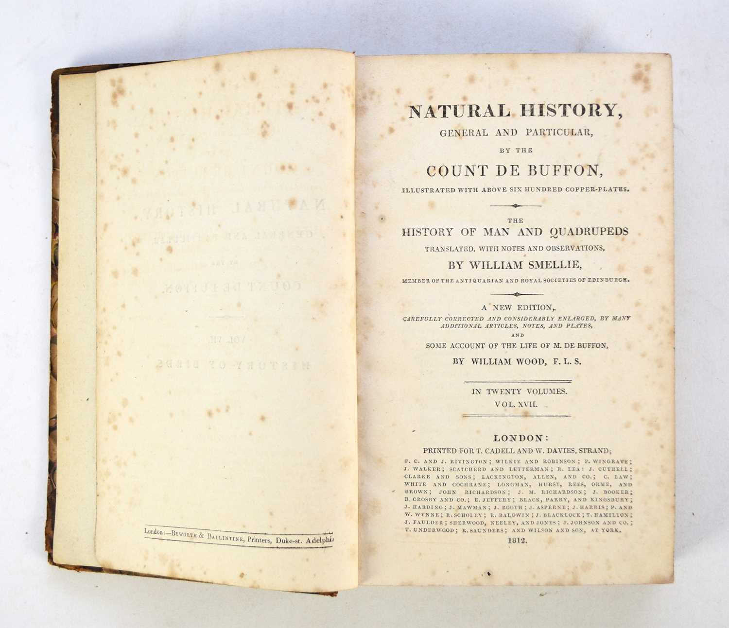 Lot 142 - BUFFON, Count de, Natural History. New edition edited by William Wood. 1812, 5 vols only, all concerning birds; with GOLDSMITH, Oliver, A History of the Earth and Animated Nature, 2 vols (7)