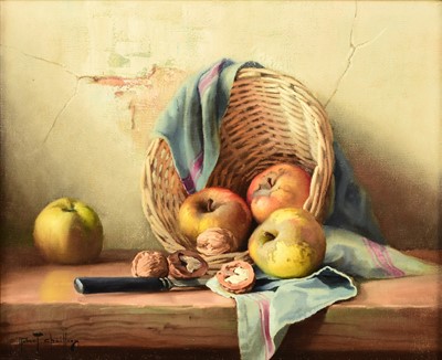 Lot 307 - Robert Chailloux (1913-2006) Still Life Study of Apples and Walnuts with a Wicker Basket