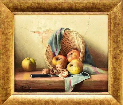 Lot 307 - Robert Chailloux (1913-2006) Still Life Study of Apples and Walnuts with a Wicker Basket