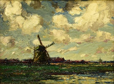 Lot 287 - Kershaw Schofield (1872-1941) Dutch Windmill Landscape