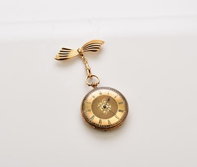 Lot 381 - A lady's 18ct gold open face pocket watch, with plated brooch