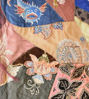 Lot 596 - A Victorian embroidered patchwork wall hanging, dated 1892