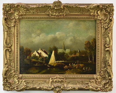 Lot 443 - Hendrick Waldorp (20th Century) Figures on the the canal with Dutch town beyond