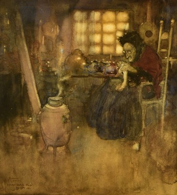 Lot 281 - Edmund Dulac (1882-1953) Old Woman Knitting in front of a Brazier