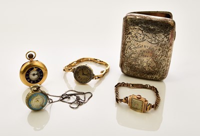 Lot 399 - Two lady's 18ct gold bracelet watches, an 18ct pocket watch and a silver cigarette box