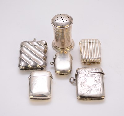 Lot 91 - Five silver vesta cases and a silver pepperette