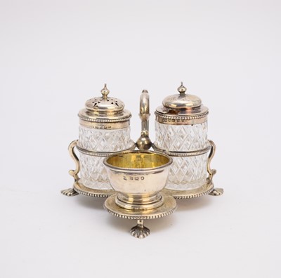 Lot 78 - A Victorian three piece silver cruet set in frame