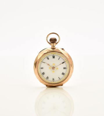 Lot 377 - A lady's 9ct enamelled gold open face fob watch