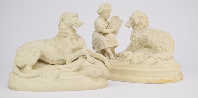 Lot 57 - A scarce Copeland parian model of a reclining Irish Wolfhound and a R&L parian dog group
