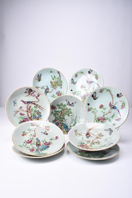 Lot 69 - Nine Chinese celadon famille rose dishes, Qing Dynasty