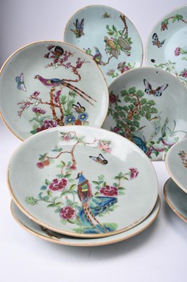 Lot 69 - Nine Chinese celadon famille rose dishes, Qing Dynasty