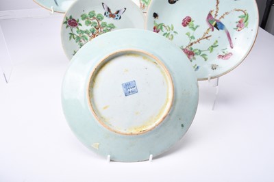 Lot 69 - Nine Chinese celadon famille rose dishes, Qing Dynasty
