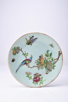 Lot 69 - Nine Chinese celadon famille rose dishes, Qing Dynasty