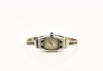 Lot 409 - Bulova: A ladies 14k white gold stone set dress watch