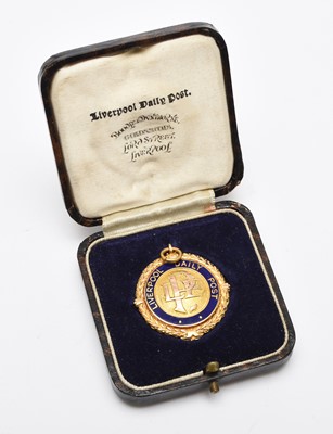 Lot 199 - Liverpool Daily Post - Points Medal, 9ct gold and blue enamel, circular medal Birmingham 1935