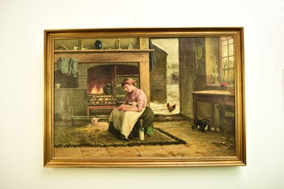 Lot 331 - Joseph Dixon Clark (1849-1944) Feeding Lambs by the Fire