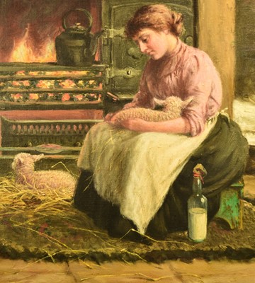 Lot 331 - Joseph Dixon Clark (1849-1944) Feeding Lambs by the Fire