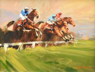 Lot 334 - John Haskins (British b.1938) Steeplechase, Three Abreast over a Fence