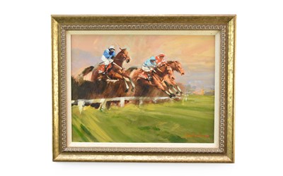 Lot 334 - John Haskins (British b.1938) Steeplechase, Three Abreast over a Fence