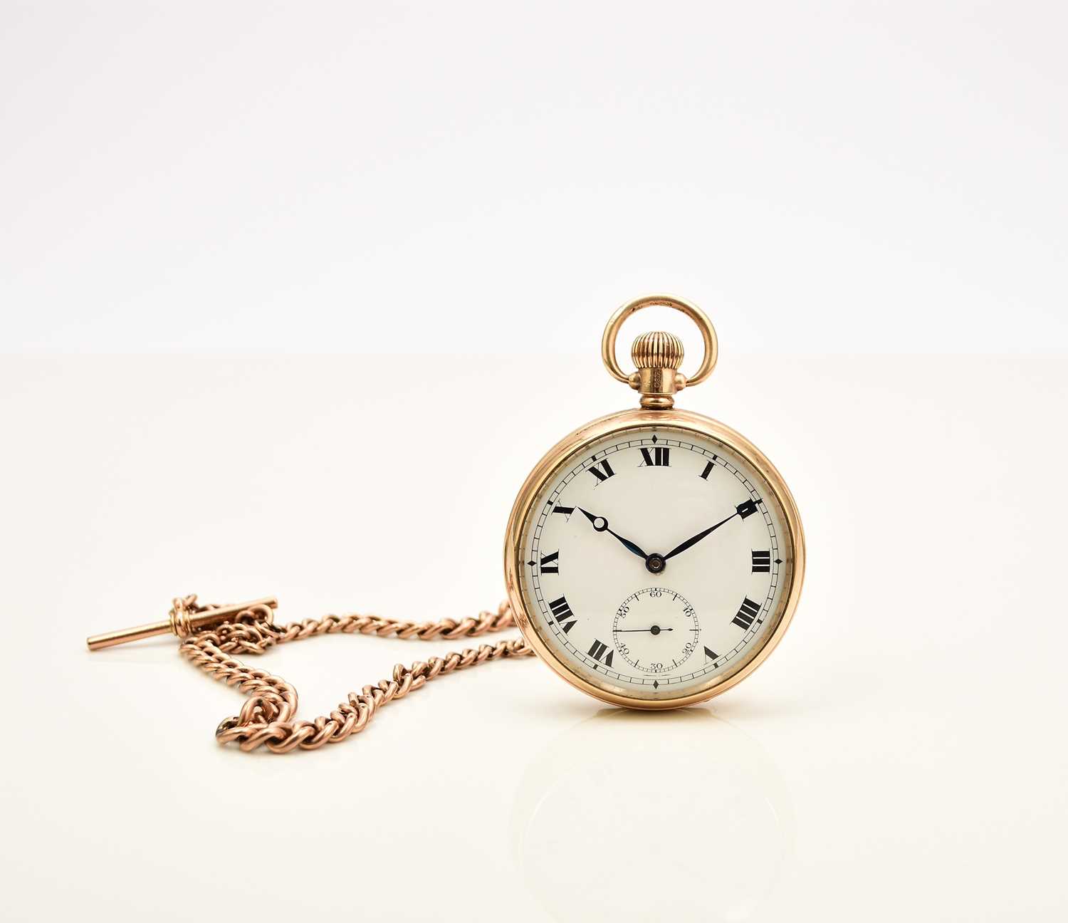 Lot 383 - A 9ct gold open face pocket watch with 9ct gold Albert