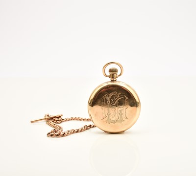 Lot 383 - A 9ct gold open face pocket watch with 9ct gold Albert