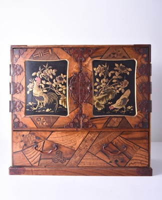 Lot 266 - A Japanese parquetry and lacquer jewel / treasure cabinet, Meiji era