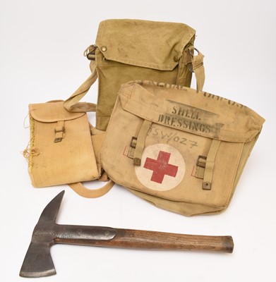 Lot 40 - British Army 37 pattern pack, shell dressings bag, MKVII mask bag, rifle scabbard, fireman's axe